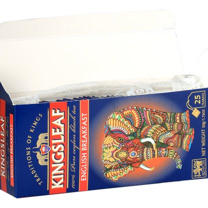 Otwarte pudełko herbaty Kingsleaf English Breakfast z 25 klasycznymi torebkami.