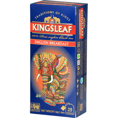 Pudełko herbaty Kingsleaf English Breakfast na stole obok filiżanki z aromatycznym naparem.