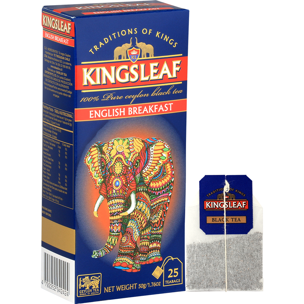 Opakowanie Kingsleaf English Breakfast wraz z pojedynczą saszetką herbaty.