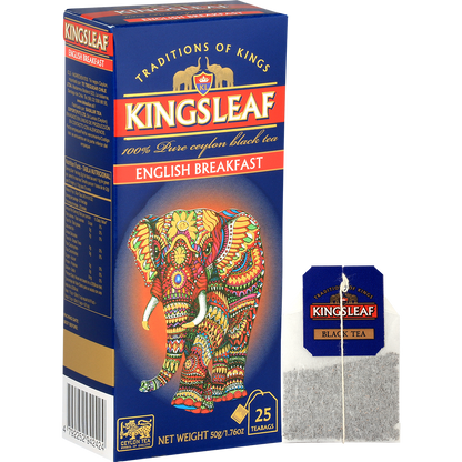 Opakowanie Kingsleaf English Breakfast wraz z pojedynczą saszetką herbaty.