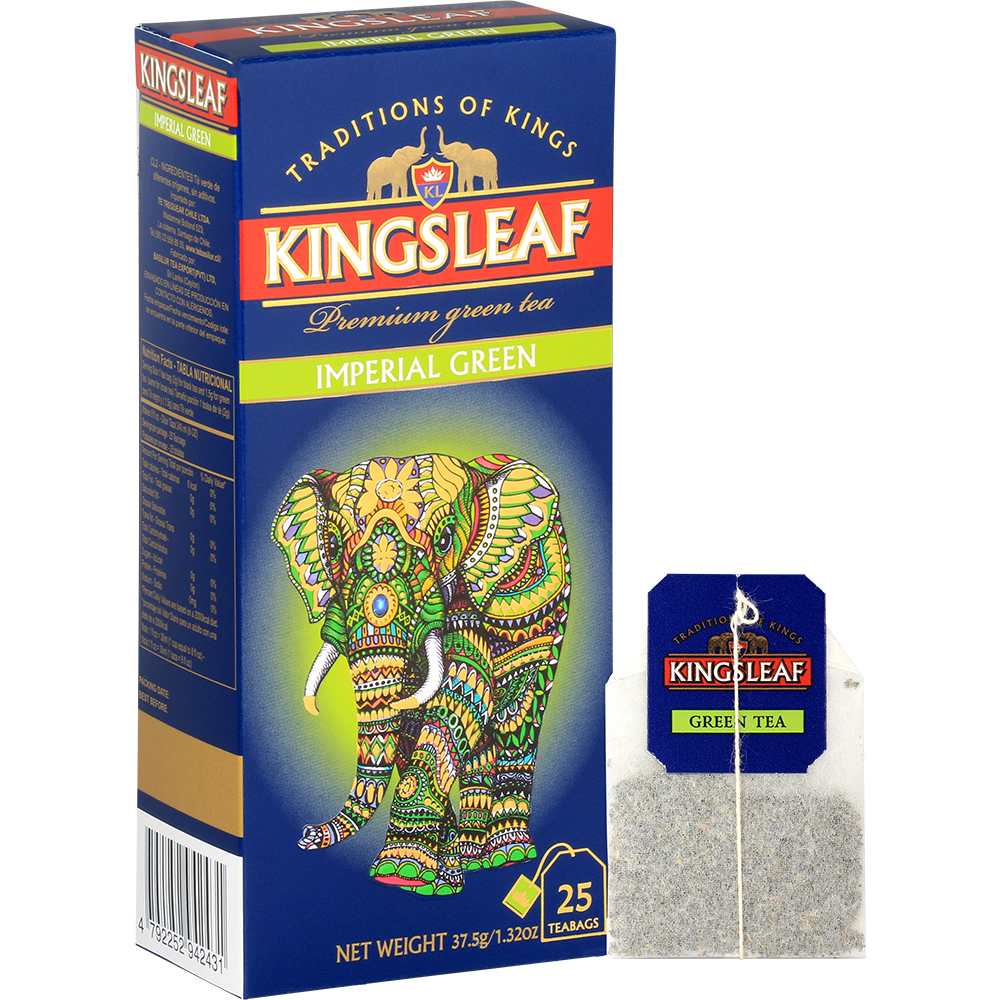 Opakowanie herbaty Kingsleaf Imperial Green z torebką herbaty – zielona herbata premium w eleganckim wydaniu.