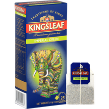 Opakowanie herbaty Kingsleaf Imperial Green z torebką herbaty – zielona herbata premium w eleganckim wydaniu.
