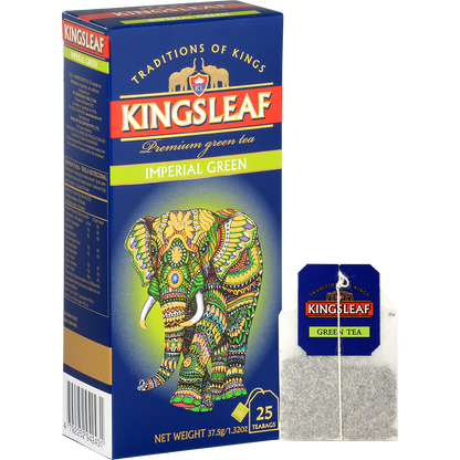Opakowanie herbaty Kingsleaf Imperial Green z torebką herbaty – zielona herbata premium w eleganckim wydaniu.