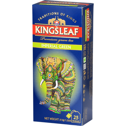 Kingsleaf Imperial Green – zielona herbata w torebkach, luksusowe opakowanie w stylu królewskim.