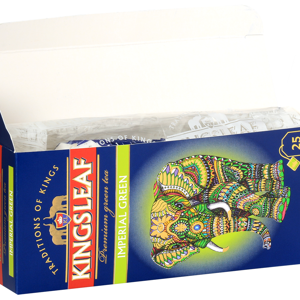 Otwarte pudełko Kingsleaf Imperial Green z widocznymi torebkami herbaty – świeżość i wygoda zaparzania.