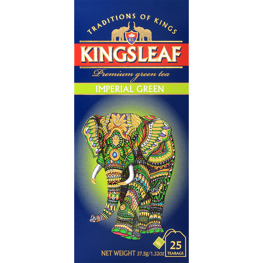 Przód opakowania Kingsleaf Imperial Green – klasyczna zielona herbata o subtelnym smaku i aromacie.