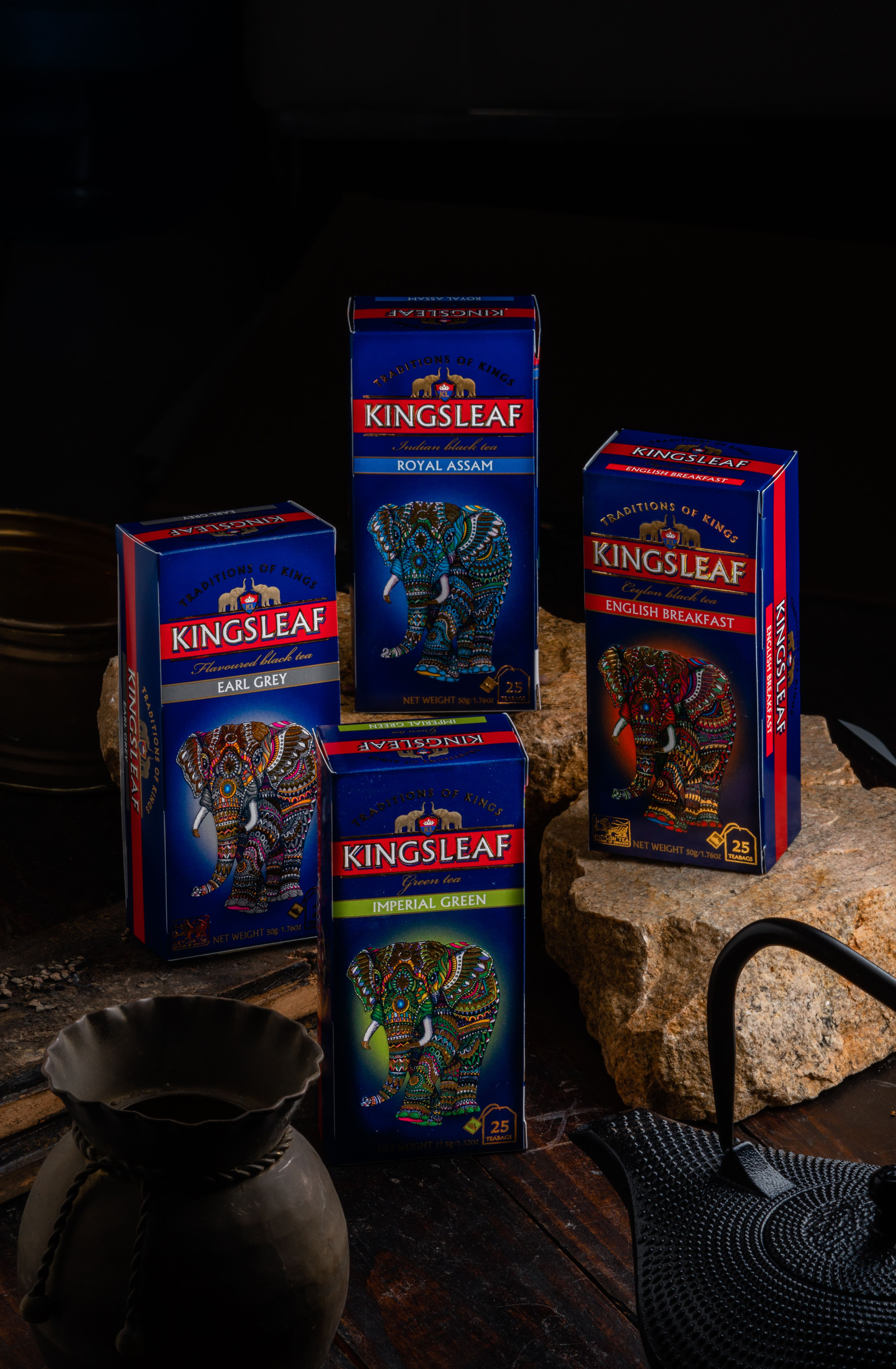 Zestaw herbat Kingsleaf – Imperial Green, Earl Grey, Royal Assam i English Breakfast – kolekcja premium.