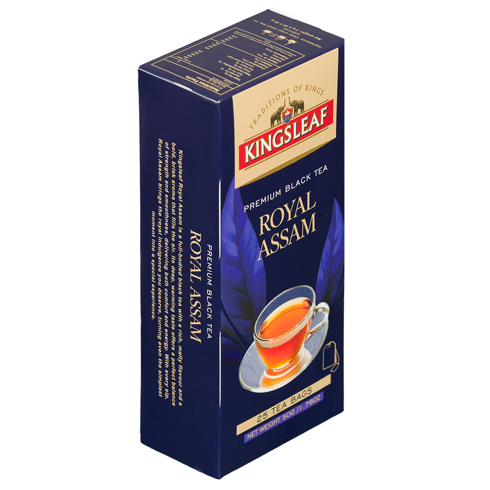 Herbata czarna Kingsleaf Royal Assam 25 saszetek, 50 g, granatowe pudełko widoczne z przodu i lewej strony.