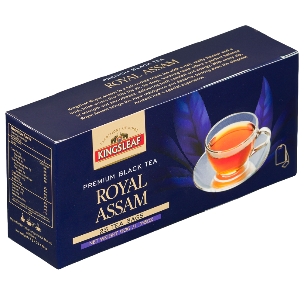 Herbata czarna Kingsleaf Royal Assam 25 saszetek, 50 g, granatowe opakowanie ułożone poziomo z widocznym frontem i górą.