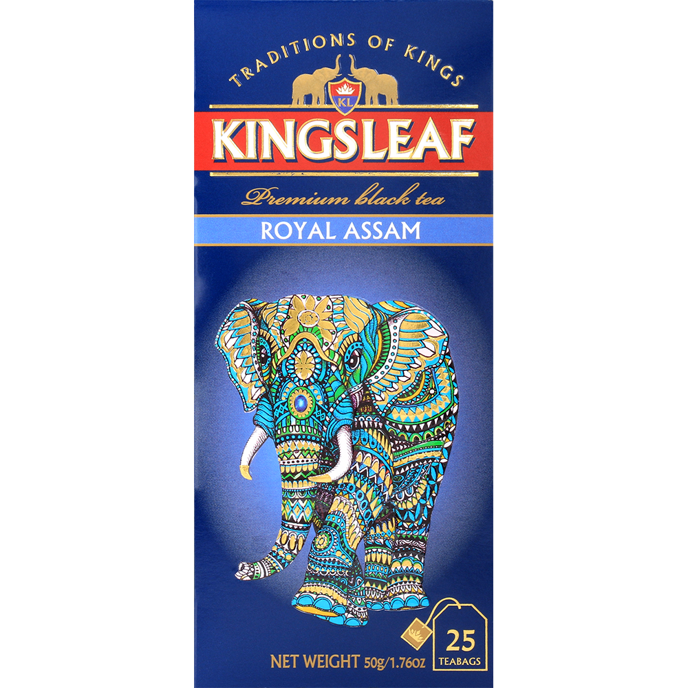 Front opakowania Kingsleaf Royal Assam z niebieskim, ozdobnym słoniem i złotymi detalami.