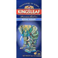 Front opakowania Kingsleaf Royal Assam z niebieskim, ozdobnym słoniem i złotymi detalami.