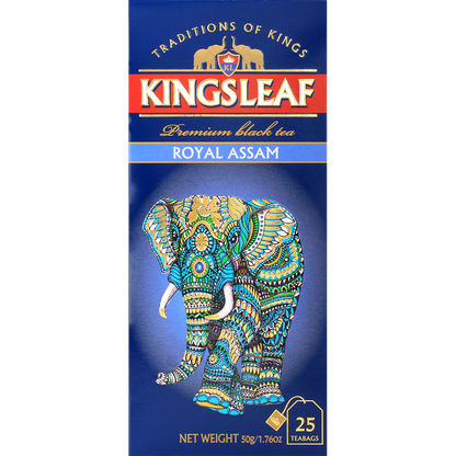 Front opakowania Kingsleaf Royal Assam z niebieskim, ozdobnym słoniem i złotymi detalami.