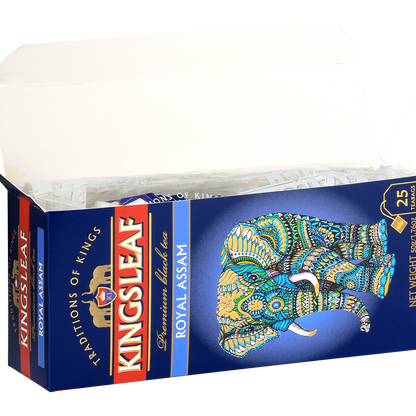 Otwarte pudełko herbaty Kingsleaf Royal Assam z 25 czarnymi saszetkami.