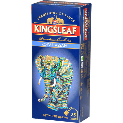 Perspektywiczne zdjęcie opakowania Kingsleaf Royal Assam podkreślające jego luksusowy wygląd.