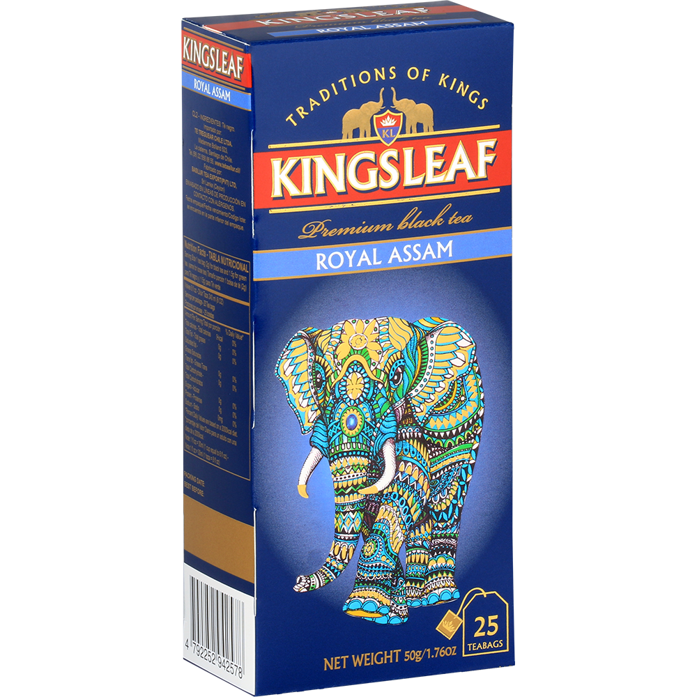 Opakowanie herbaty Kingsleaf Royal Assam w granatowo-niebieskiej kolorystyce z motywem słonia.