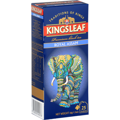 Opakowanie herbaty Kingsleaf Royal Assam w granatowo-niebieskiej kolorystyce z motywem słonia.