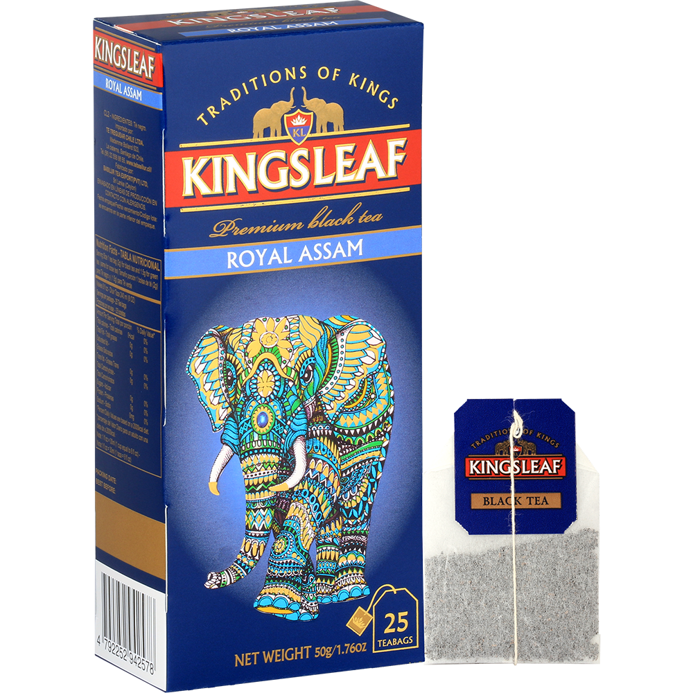 Pudełko Kingsleaf Royal Assam z pojedynczą torebką herbaty.