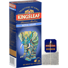Pudełko Kingsleaf Royal Assam z pojedynczą torebką herbaty.