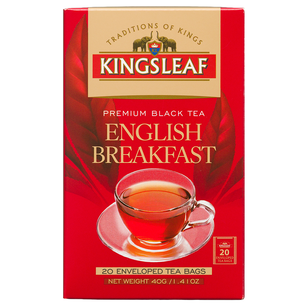 Przód czerwonego pudełka herbaty czarnej Kingsleaf English Breakfast 20 kopert, 40 g, z logo marki i filiżanką herbaty.