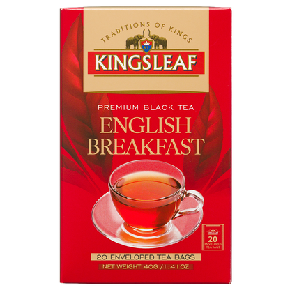 Przód czerwonego pudełka herbaty czarnej Kingsleaf English Breakfast 20 kopert, 40 g, z logo marki i filiżanką herbaty.