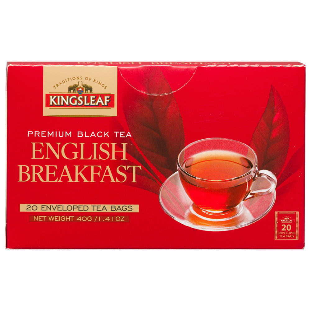 Herbata czarna Kingsleaf English Breakfast 20 kopert, czerwone opakowanie z logo producenta i filiżanką herbaty.