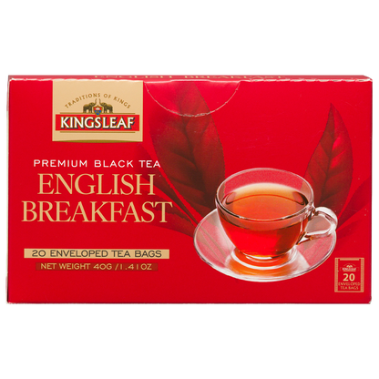 Herbata czarna Kingsleaf English Breakfast 20 kopert, czerwone opakowanie z logo producenta i filiżanką herbaty.