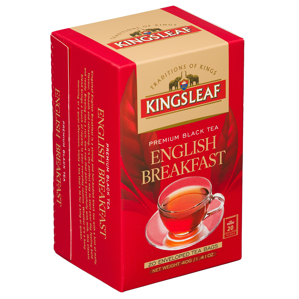 Herbata czarna Kingsleaf English Breakfast 40 g w czerwonym pudełku, widok opakowania z przodu i z boku.
