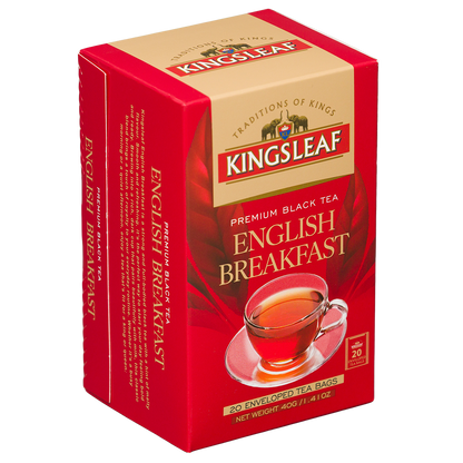 Herbata czarna Kingsleaf English Breakfast 40 g w czerwonym pudełku, widok opakowania z przodu i z boku.