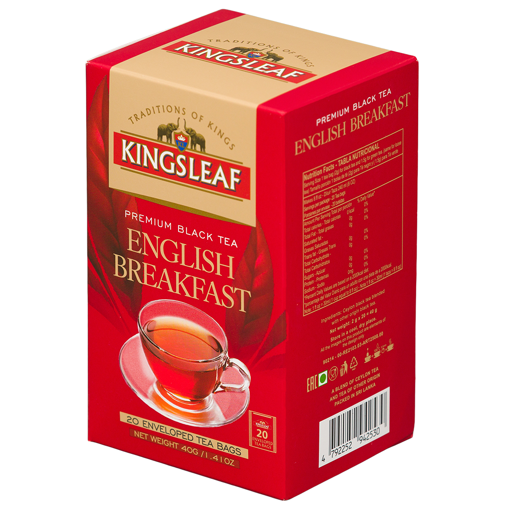 Herbata czarna Kingsleaf English Breakfast 20 kopert, czerwone opakowanie z widoczną tabelą wartości odżywczych i kodem kreskowym.