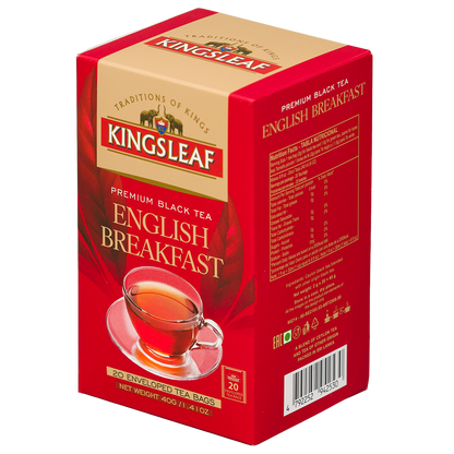 Herbata czarna Kingsleaf English Breakfast 20 kopert, czerwone opakowanie z widoczną tabelą wartości odżywczych i kodem kreskowym.