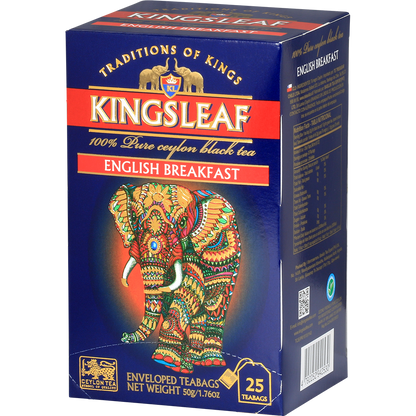 Opakowanie Kingsleaf English Breakfast w saszetkach, widoczne z boku z informacjami o produkcie.