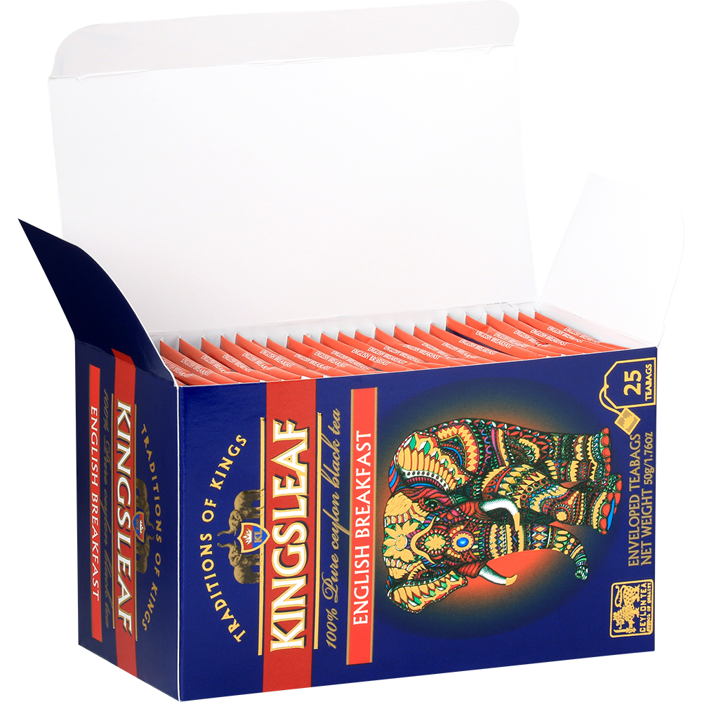 Otwarte pudełko herbaty Kingsleaf English Breakfast z 25 eleganckimi saszetkami.