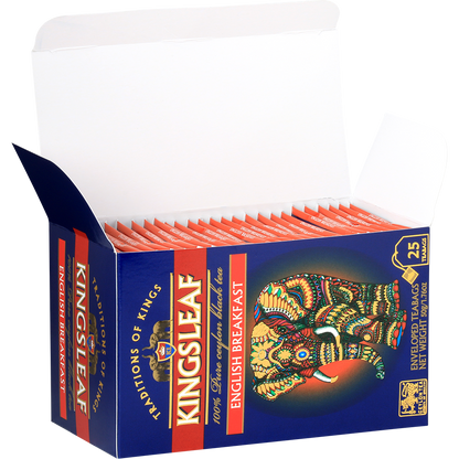 Otwarte pudełko herbaty Kingsleaf English Breakfast z 25 eleganckimi saszetkami.