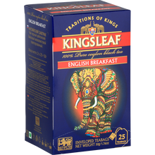 Perspektywiczne zdjęcie pudełka Kingsleaf English Breakfast 25 x 2 g podkreślające elegancki design.