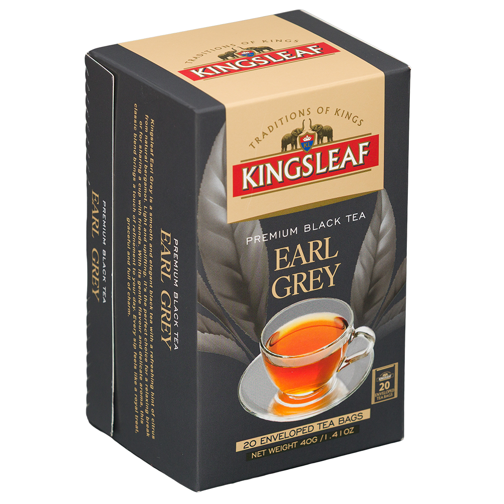 Herbata czarna Kingsleaf Earl Grey 40 g, kartonik 20 torebek w kopertach, widok pod kątem z widocznym przodem i lewym bokiem.