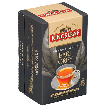 Herbata czarna Kingsleaf Earl Grey 40 g, kartonik 20 torebek w kopertach, widok pod kątem z widocznym przodem i lewym bokiem.