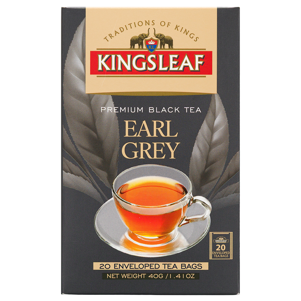 Przód opakowania herbaty czarnej Kingsleaf Earl Grey 40 g, 20 torebek w kopertach, ciemnoszary kartonik z filiżanką herbaty.