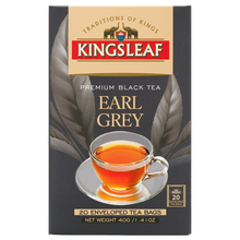Przód opakowania herbaty czarnej Kingsleaf Earl Grey 40 g, 20 torebek w kopertach, ciemnoszary kartonik z filiżanką herbaty.