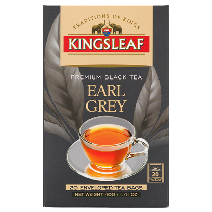 Przód opakowania herbaty czarnej Kingsleaf Earl Grey 40 g, 20 torebek w kopertach, ciemnoszary kartonik z filiżanką herbaty.