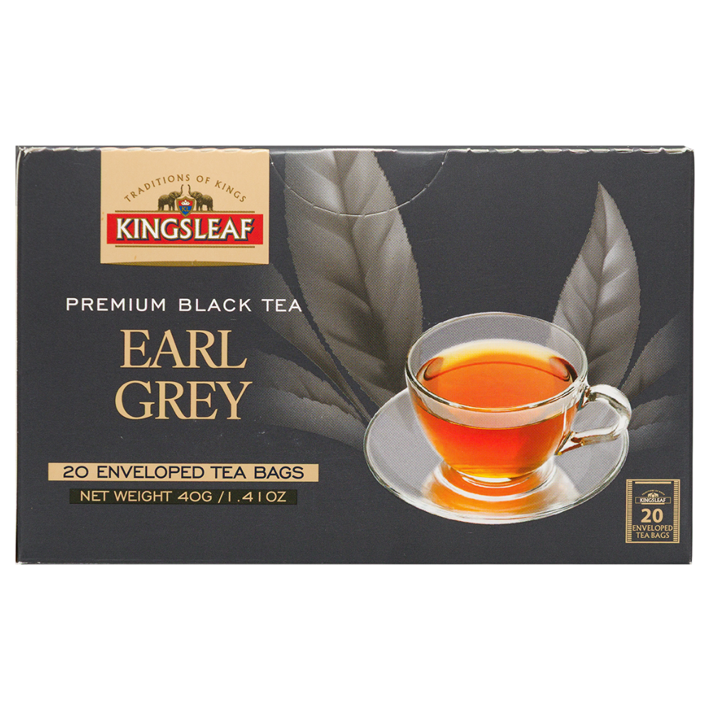Poziomo ułożone opakowanie herbaty czarnej Kingsleaf Earl Grey 40 g, logo marki, filiżanka herbaty i oznaczenie 20 torebek.