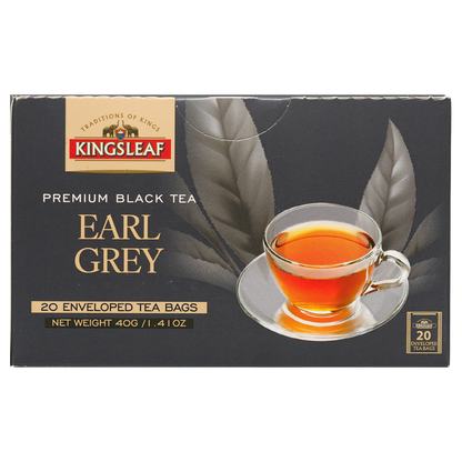 Poziomo ułożone opakowanie herbaty czarnej Kingsleaf Earl Grey 40 g, logo marki, filiżanka herbaty i oznaczenie 20 torebek.