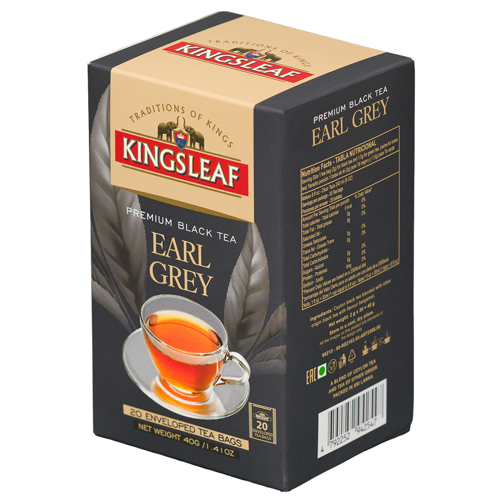 Herbata czarna Kingsleaf Earl Grey 40 g, opakowanie 20 torebek w kopertach, widok z przodu i prawego boku z tabelą wartości odżywczych.