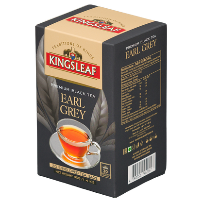 Herbata czarna Kingsleaf Earl Grey 40 g, opakowanie 20 torebek w kopertach, widok z przodu i prawego boku z tabelą wartości odżywczych.