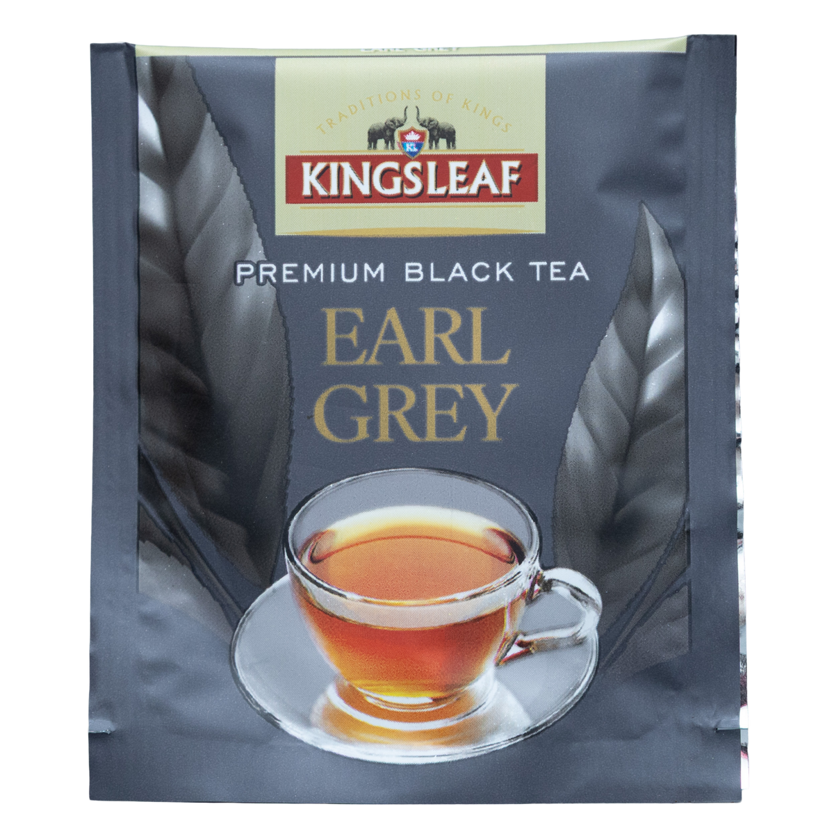 Pojedyncza koperta herbaty czarnej Kingsleaf Earl Grey w ciemnoszarym opakowaniu z logo marki i filiżanką herbaty.
