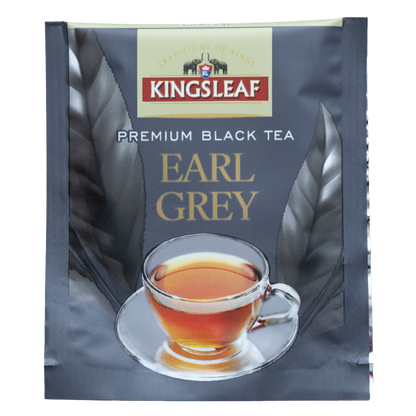Pojedyncza koperta herbaty czarnej Kingsleaf Earl Grey w ciemnoszarym opakowaniu z logo marki i filiżanką herbaty.