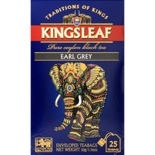 Front pudełka herbaty Kingsleaf Earl Grey z wyraźnym logo i opisem produktu.