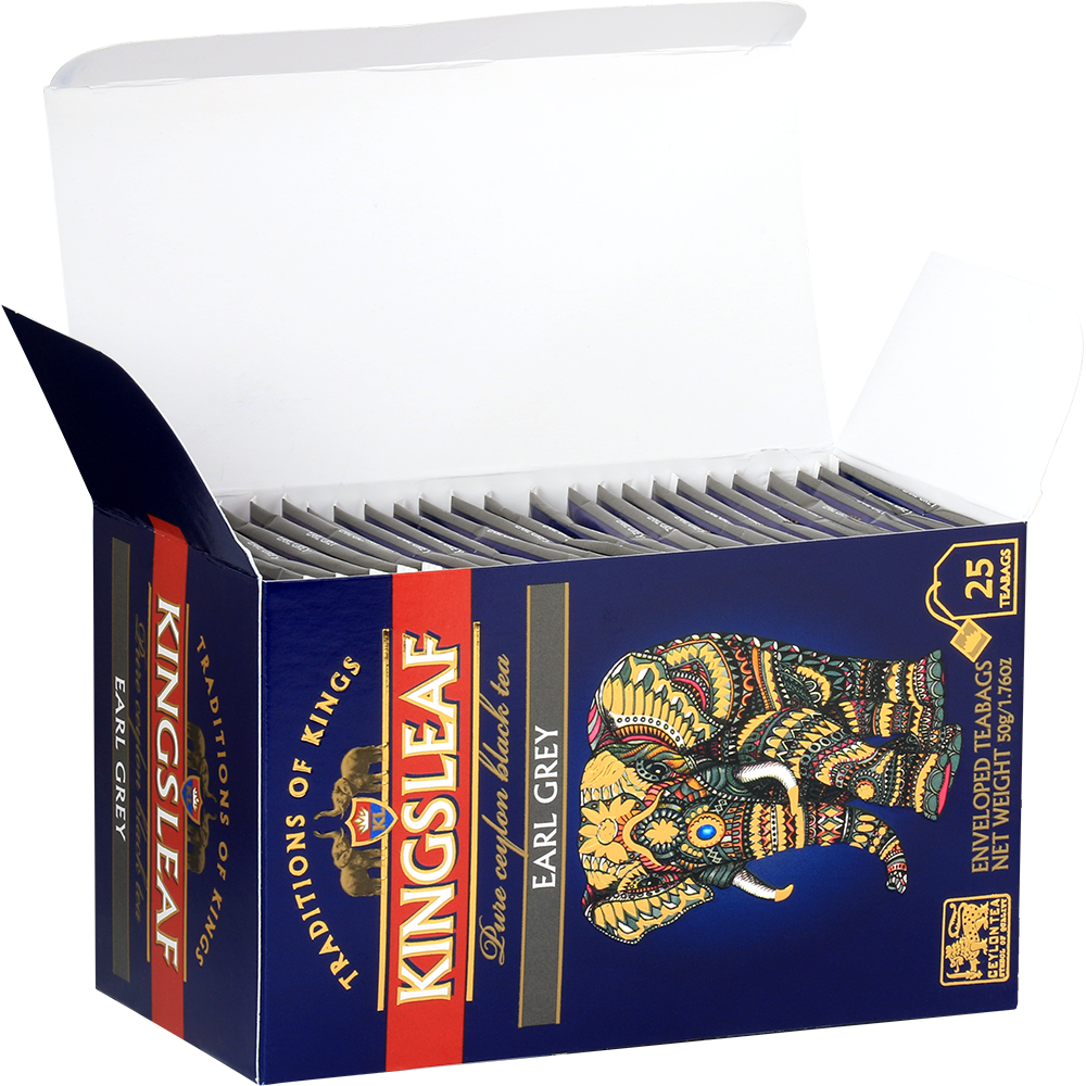 Otwarte pudełko herbaty Kingsleaf Earl Grey z 25 eleganckimi saszetkami.