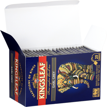 Otwarte pudełko herbaty Kingsleaf Earl Grey z 25 eleganckimi saszetkami.