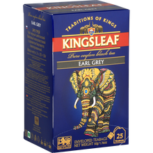 Opakowanie Kingsleaf Earl Grey w granatowo-złotej kolorystyce z motywem słonia.