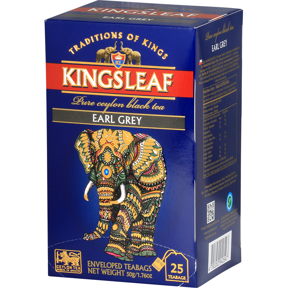 Perspektywiczne zdjęcie opakowania herbaty Kingsleaf Earl Grey podkreślające elegancki design.